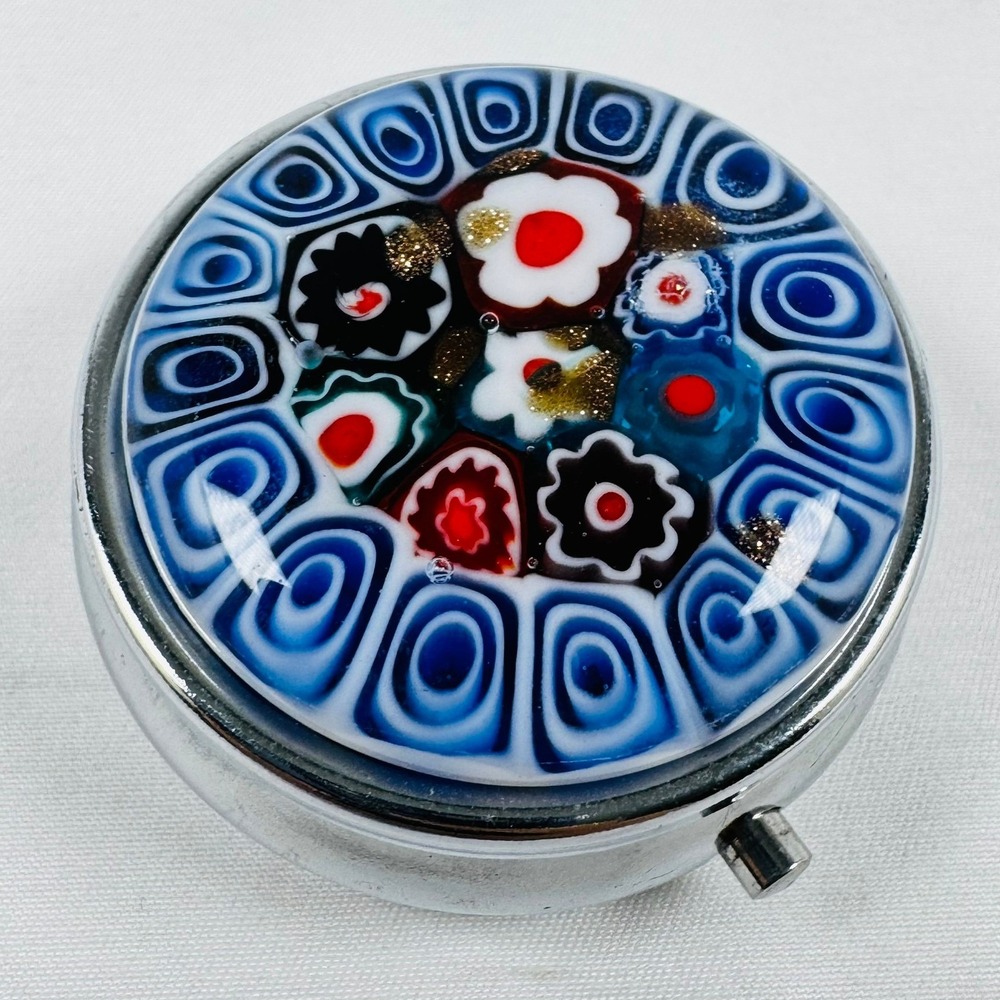 VTG Millefiori Glass Pill Box Murano Style Round Silver 3 Compartments Italy Art